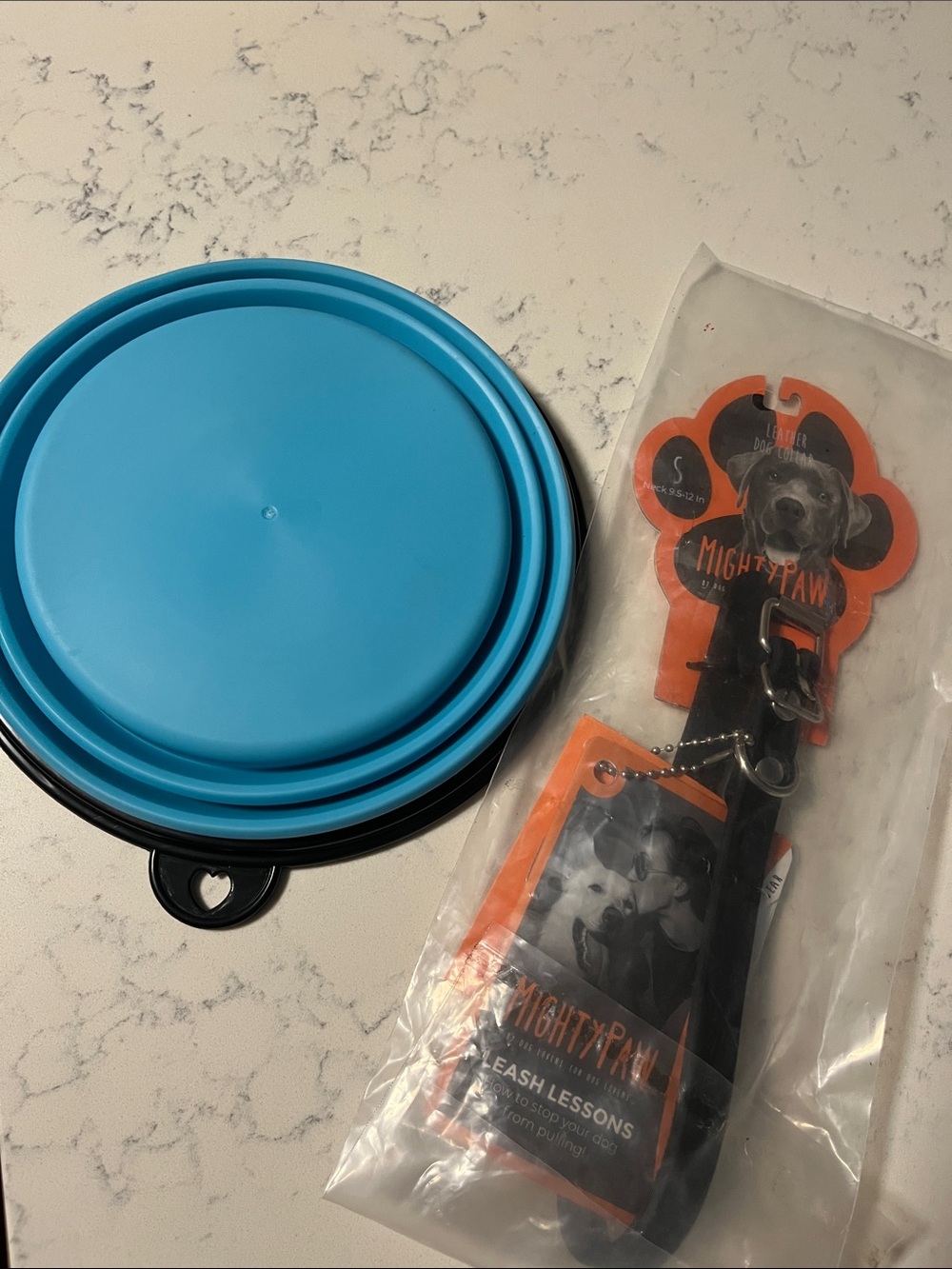 🐶Mighty Paw Black Dog Collar with Orange Tag and collapsible water 💦 bowl 🐶